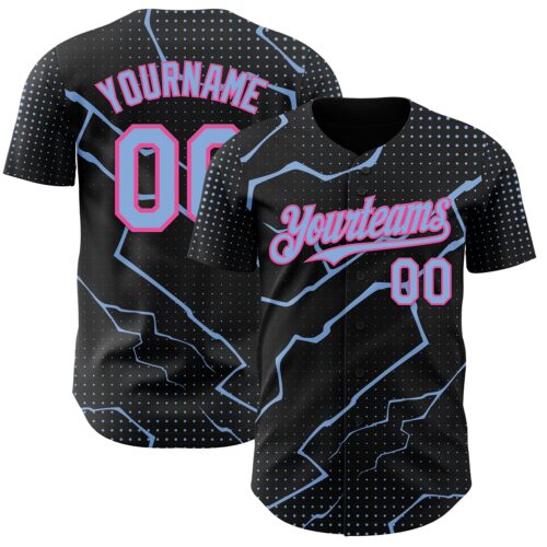 Custom Black Light Blue-Pink Lightning Polka Dot Authentic Baseball Jersey