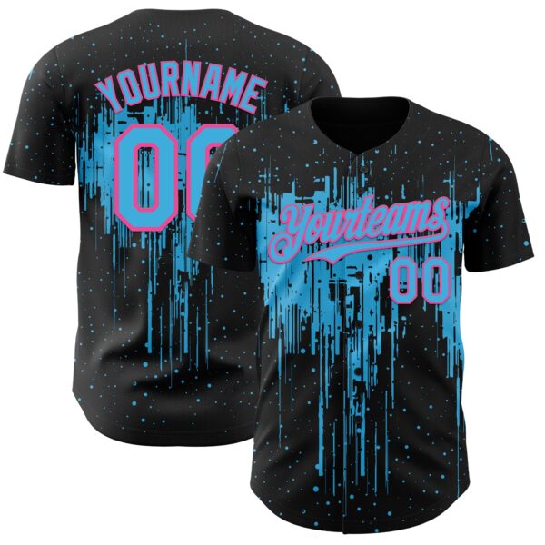 Custom Black Sky Blue-Pink Dripping Splatter Paint Authentic Baseball Jersey