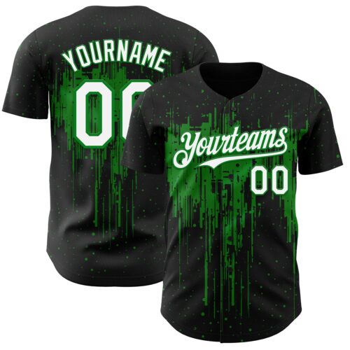 Custom Black White-Grass Green Dripping Splatter Paint Authentic Baseball Jersey