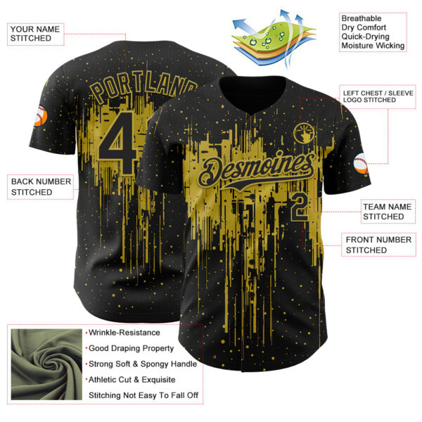 Custom Black Old Gold Dripping Splatter Paint Authentic Baseball Jersey