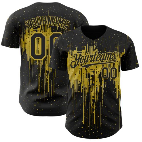 3DPattern12763 Custom Black Old Gold Dripping Splatter Paint Authentic Baseball Jersey