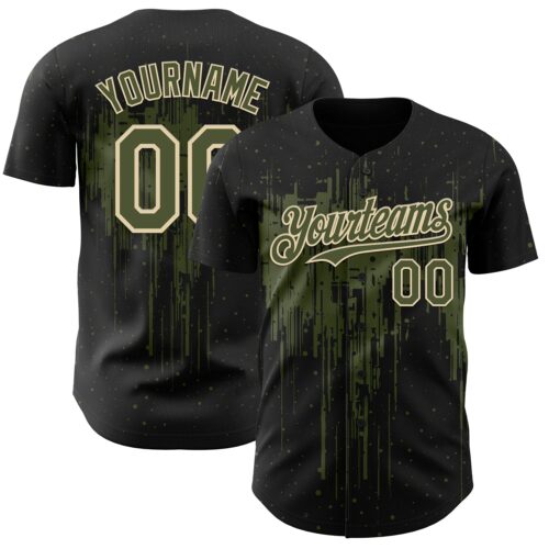 3DPattern12765 Custom Black Olive-Cream Dripping Splatter Paint Authentic Baseball Jersey