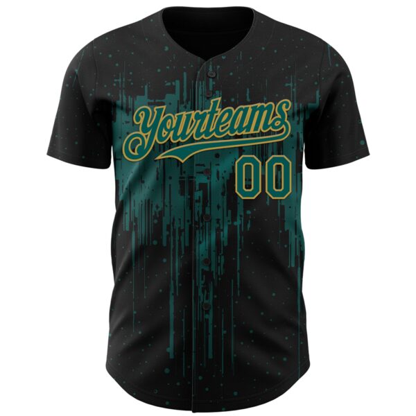 Custom Black Midnight Green-Old Gold Dripping Splatter Paint Authentic Baseball Jersey