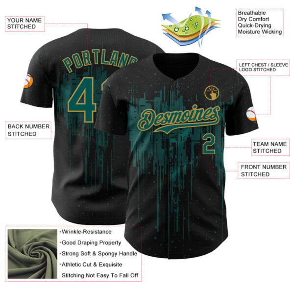 Custom Black Midnight Green-Old Gold Dripping Splatter Paint Authentic Baseball Jersey