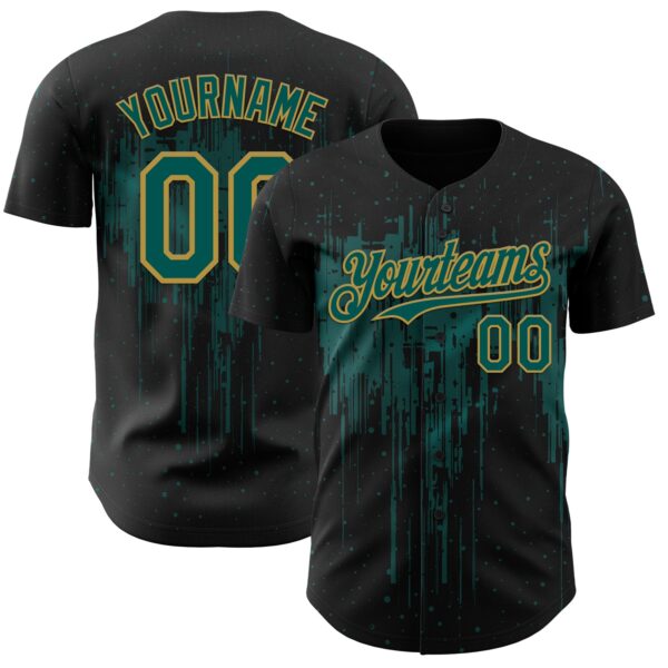 Custom Black Midnight Green-Old Gold Dripping Splatter Paint Authentic Baseball Jersey