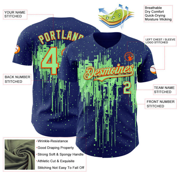 Custom Royal Pea Green-Orange Dripping Splatter Paint Authentic Baseball Jersey