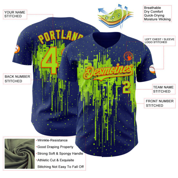 Custom Royal Neon Green-Orange Dripping Splatter Paint Authentic Baseball Jersey