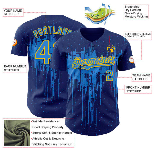 Custom Royal Powder Blue-Yellow Dripping Splatter Paint Authentic Baseball Jersey