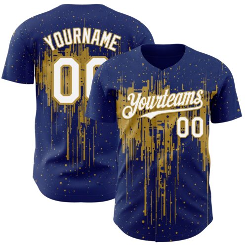 Custom Royal White-Old Gold Dripping Splatter Paint Authentic Baseball Jersey