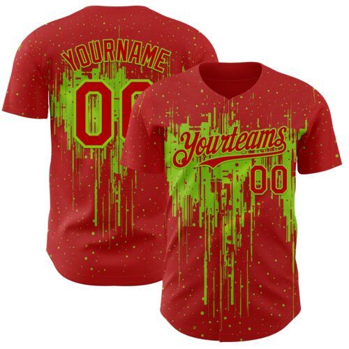 3DPattern12785 Custom Red Neon Green Dripping Splatter Paint Authentic Baseball Jersey