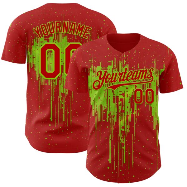 Custom Red Neon Green Dripping Splatter Paint Authentic Baseball Jersey