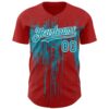 Custom Red Teal-White Dripping Splatter Paint Authentic Baseball Jersey