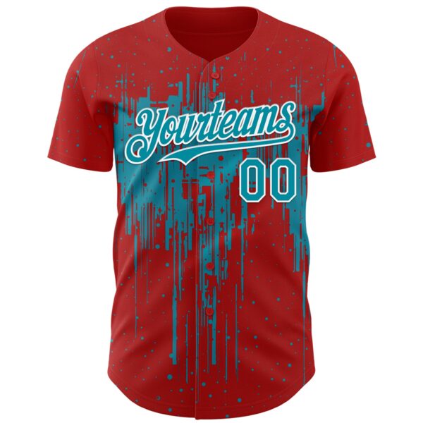 Custom Red Teal-White Dripping Splatter Paint Authentic Baseball Jersey
