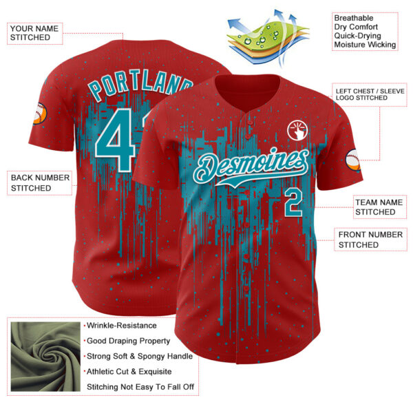 Custom Red Teal-White Dripping Splatter Paint Authentic Baseball Jersey