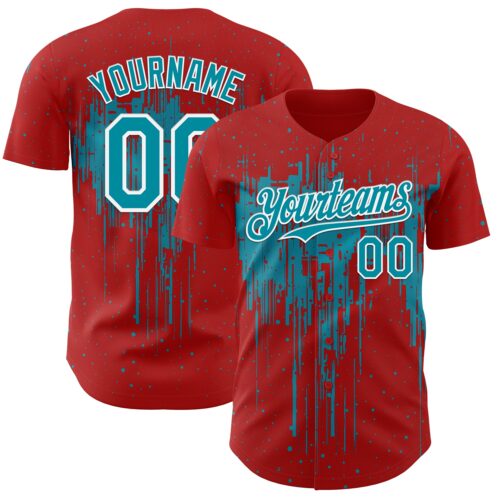 3DPattern12786 Custom Red Teal-White Dripping Splatter Paint Authentic Baseball Jersey