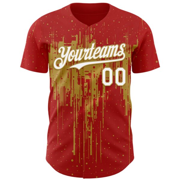 Custom Red White-Old Gold Dripping Splatter Paint Authentic Baseball Jersey