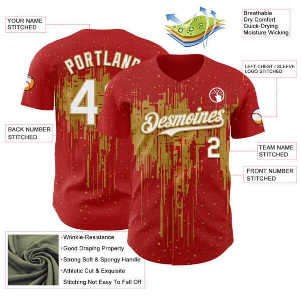 Custom Red White-Old Gold Dripping Splatter Paint Authentic Baseball Jersey