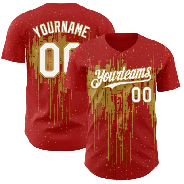 Custom Red White-Old Gold Dripping Splatter Paint Authentic Baseball Jersey