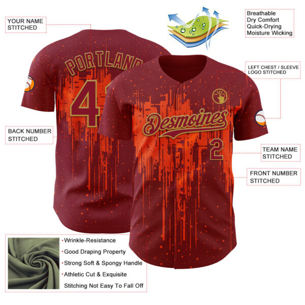 Custom Crimson Old Gold Orange Dripping Splatter Paint Authentic Baseball Jersey