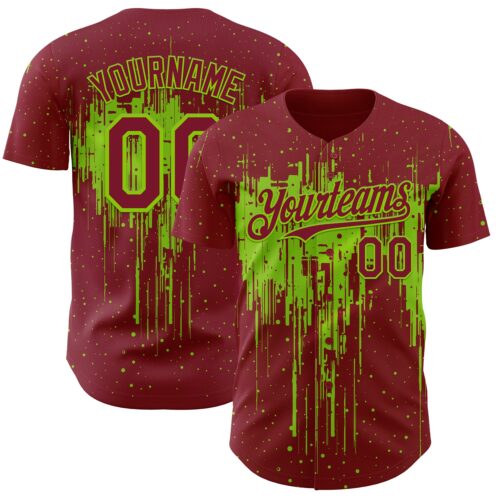 Custom Crimson Neon Green Dripping Splatter Paint Authentic Baseball Jersey