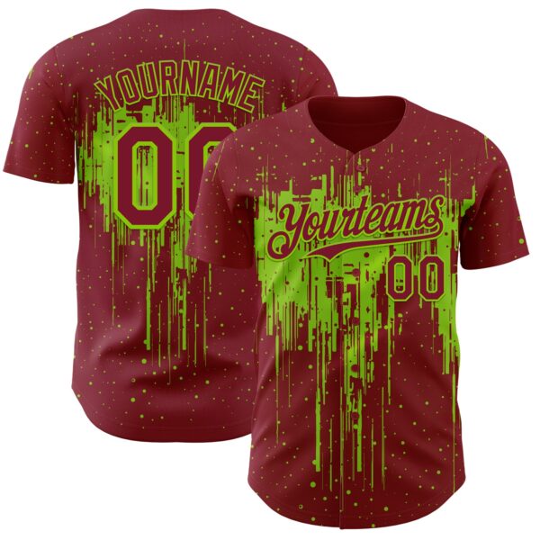 Custom Crimson Neon Green Dripping Splatter Paint Authentic Baseball Jersey