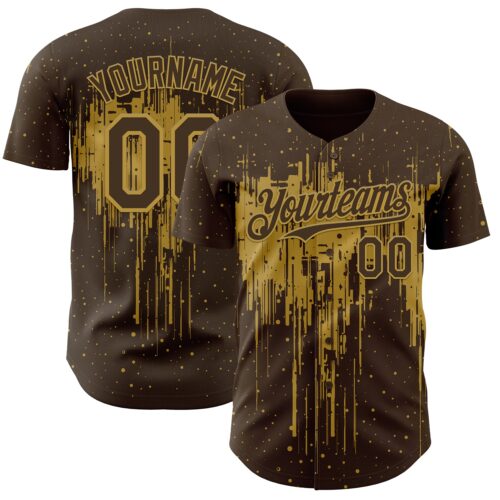 Custom Brown Old Gold Dripping Splatter Paint Authentic Baseball Jersey