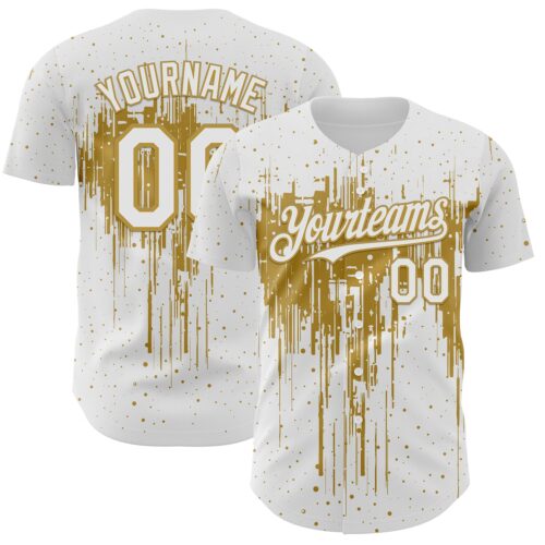 Custom White Old Gold Dripping Splatter Paint Authentic Baseball Jersey