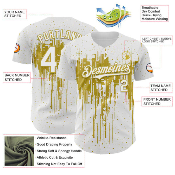 Custom White Old Gold Dripping Splatter Paint Authentic Baseball Jersey