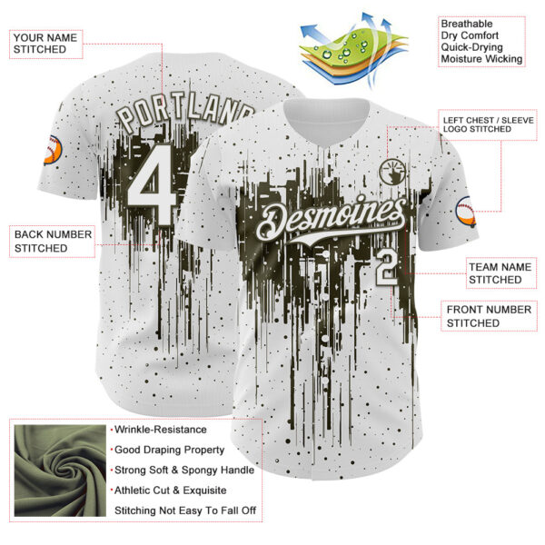 Custom White Olive Dripping Splatter Paint Authentic Baseball Jersey