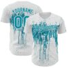 Custom White Teal-White Dripping Splatter Paint Authentic Baseball Jersey