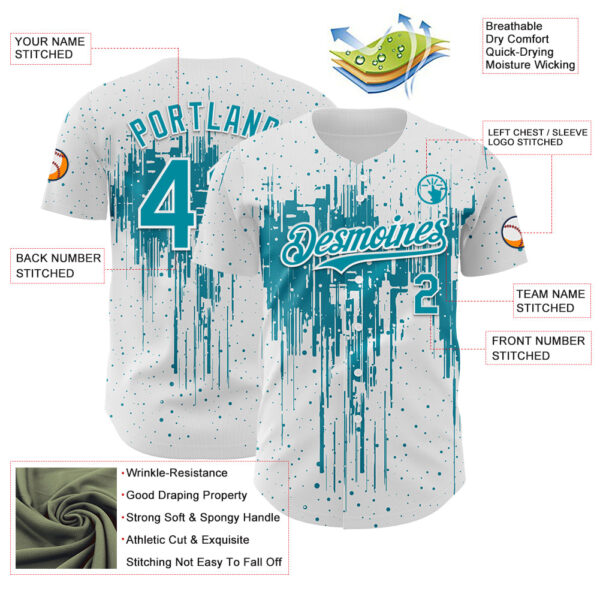Custom White Teal-White Dripping Splatter Paint Authentic Baseball Jersey