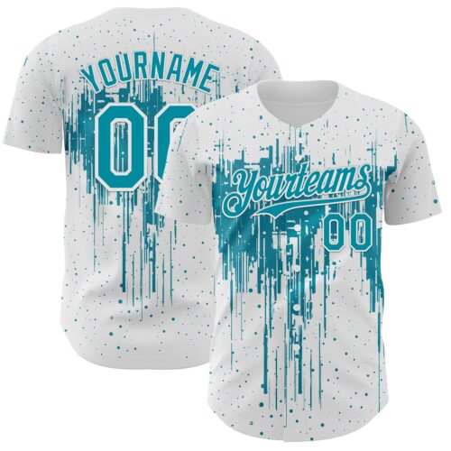 Custom White Teal-White Dripping Splatter Paint Authentic Baseball Jersey
