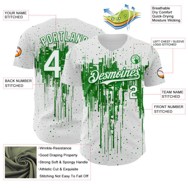 Custom White Grass Green Dripping Splatter Paint Authentic Baseball Jersey