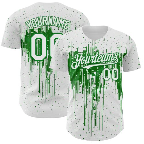 Custom White Grass Green Dripping Splatter Paint Authentic Baseball Jersey