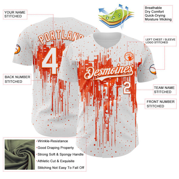 Custom White Orange Dripping Splatter Paint Authentic Baseball Jersey