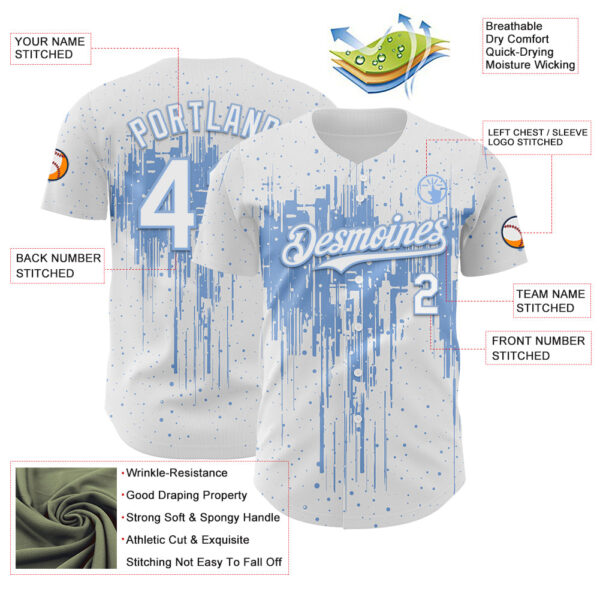 Custom White Light Blue Dripping Splatter Paint Authentic Baseball Jersey