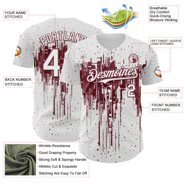 Custom White Burgundy Dripping Splatter Paint Authentic Baseball Jersey