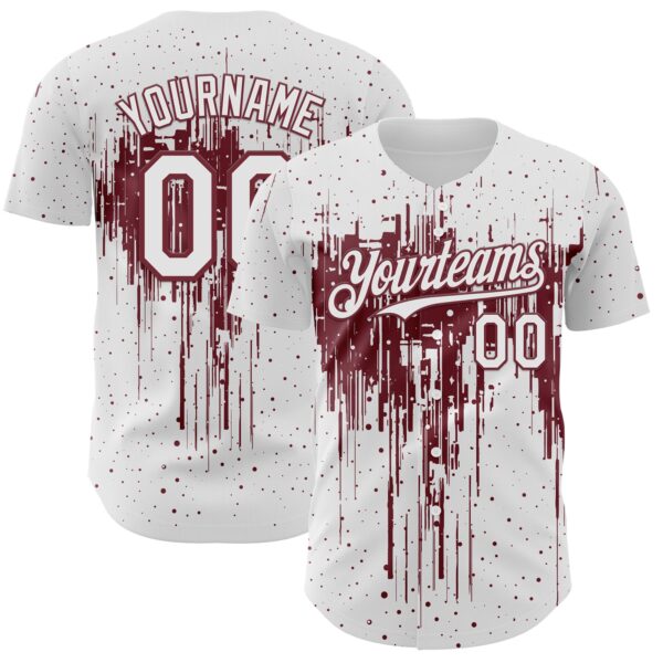 Custom White Burgundy Dripping Splatter Paint Authentic Baseball Jersey