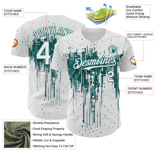 Custom White Teal Dripping Splatter Paint Authentic Baseball Jersey