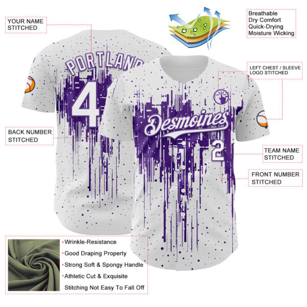 Custom White Purple Dripping Splatter Paint Authentic Baseball Jersey