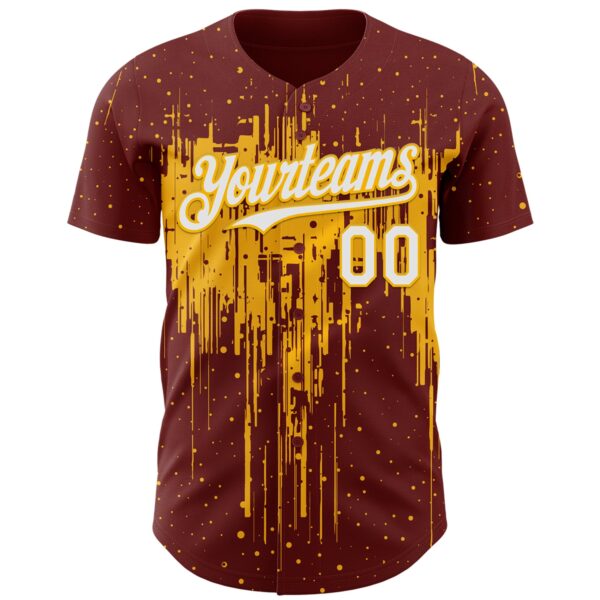 Custom Burgundy White-Gold Dripping Splatter Paint Authentic Baseball Jersey