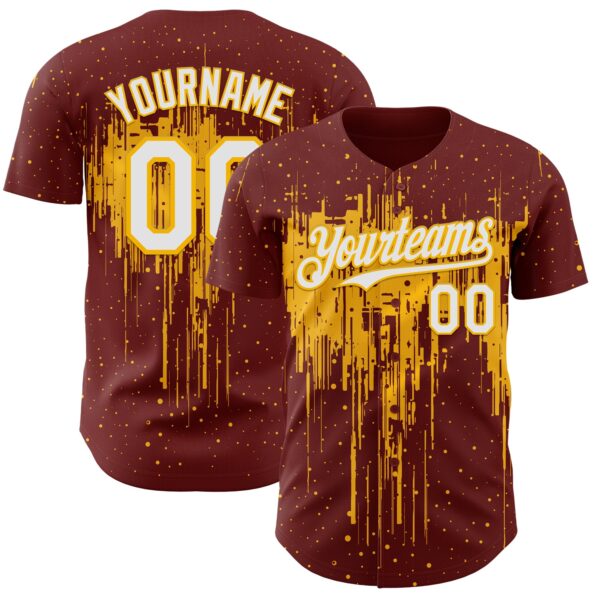 Custom Burgundy White-Gold Dripping Splatter Paint Authentic Baseball Jersey