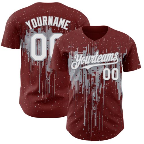 3DPattern12837 Custom Burgundy White-Gray Dripping Splatter Paint Authentic Baseball Jersey