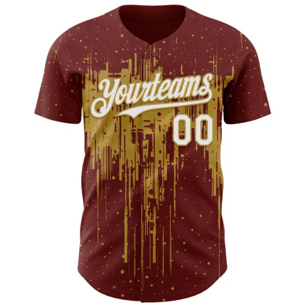Custom Burgundy White-Old Gold Dripping Splatter Paint Authentic Baseball Jersey
