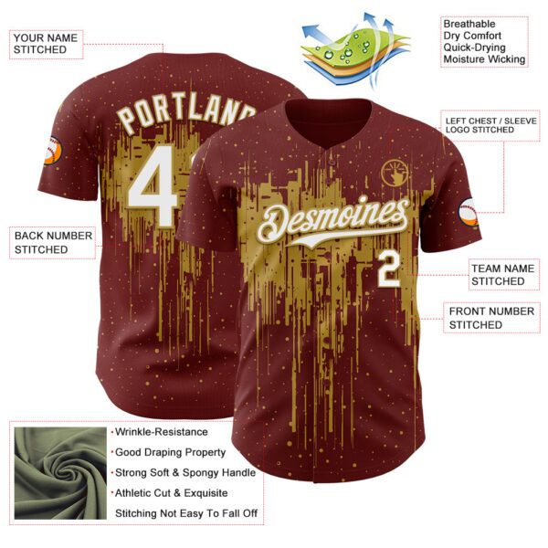 Custom Burgundy White-Old Gold Dripping Splatter Paint Authentic Baseball Jersey