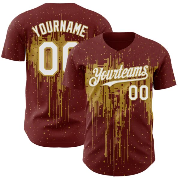 Custom Burgundy White-Old Gold Dripping Splatter Paint Authentic Baseball Jersey