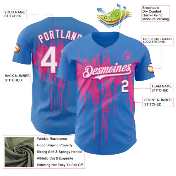 Custom Powder Blue White-Pink Dripping Splatter Paint Authentic Baseball Jersey