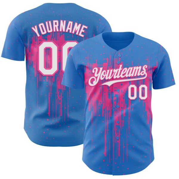 Custom Powder Blue White-Pink Dripping Splatter Paint Authentic Baseball Jersey