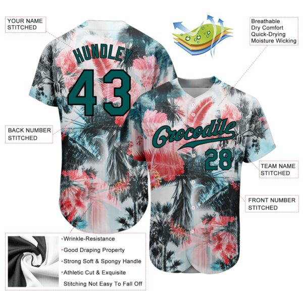Custom White Midnight Green-Black 3D Pattern Design Hawaii Palm Trees Authentic Baseball Jersey