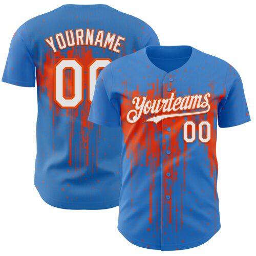 3DPattern12840 Custom Powder Blue White-Orange Dripping Splatter Paint Authentic Baseball Jersey